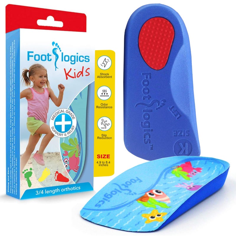 Footlogics Fun Kids Orthotic Shoe Insoles with Arch Support for Childrens Heel Pain Severs Disease Growing Pains Flat Feet Childrens Pair 34 Length Kids 13 Blue